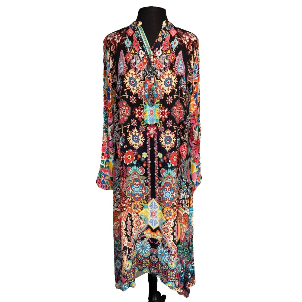 Boho Folk Print Tunic Shirt Dress by Shana Womens M Black Multicolor Viscose NWT